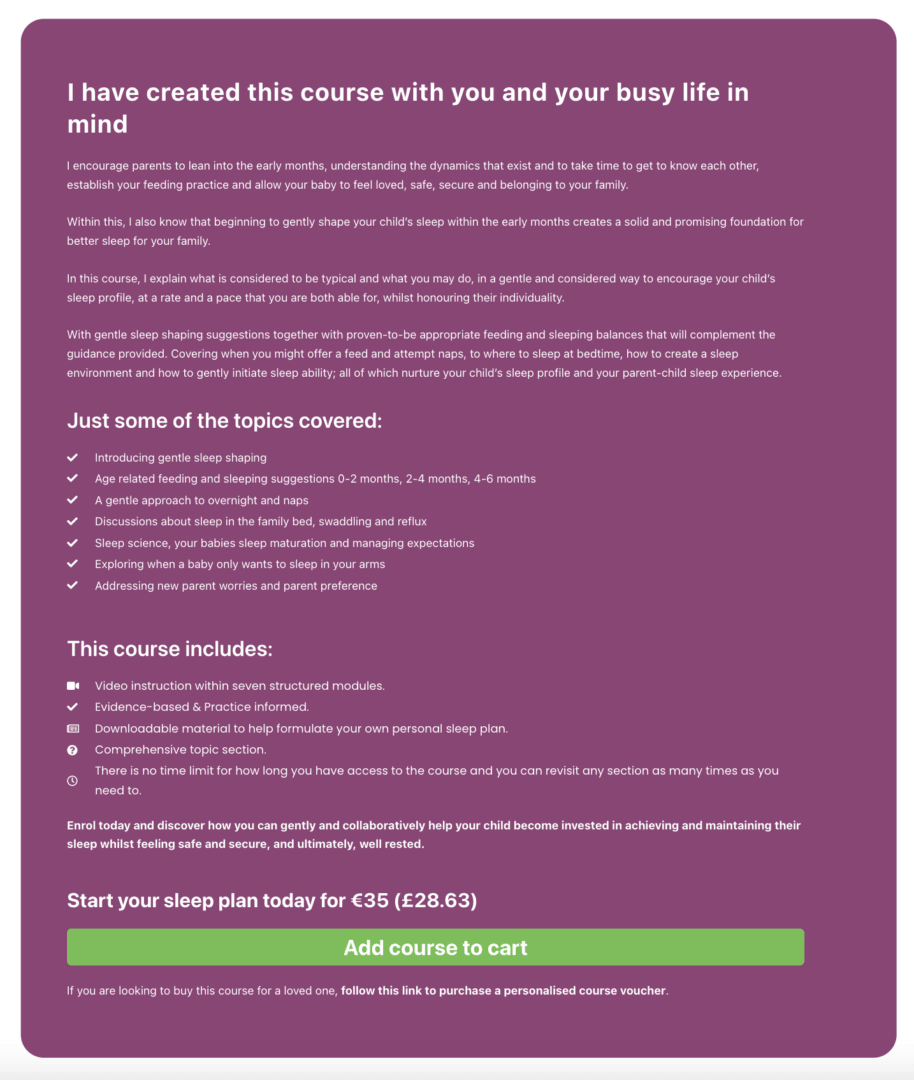 A screenshot of the 0-6 month Sleep Plan description of Sleep Matters with Lucy Wolfe